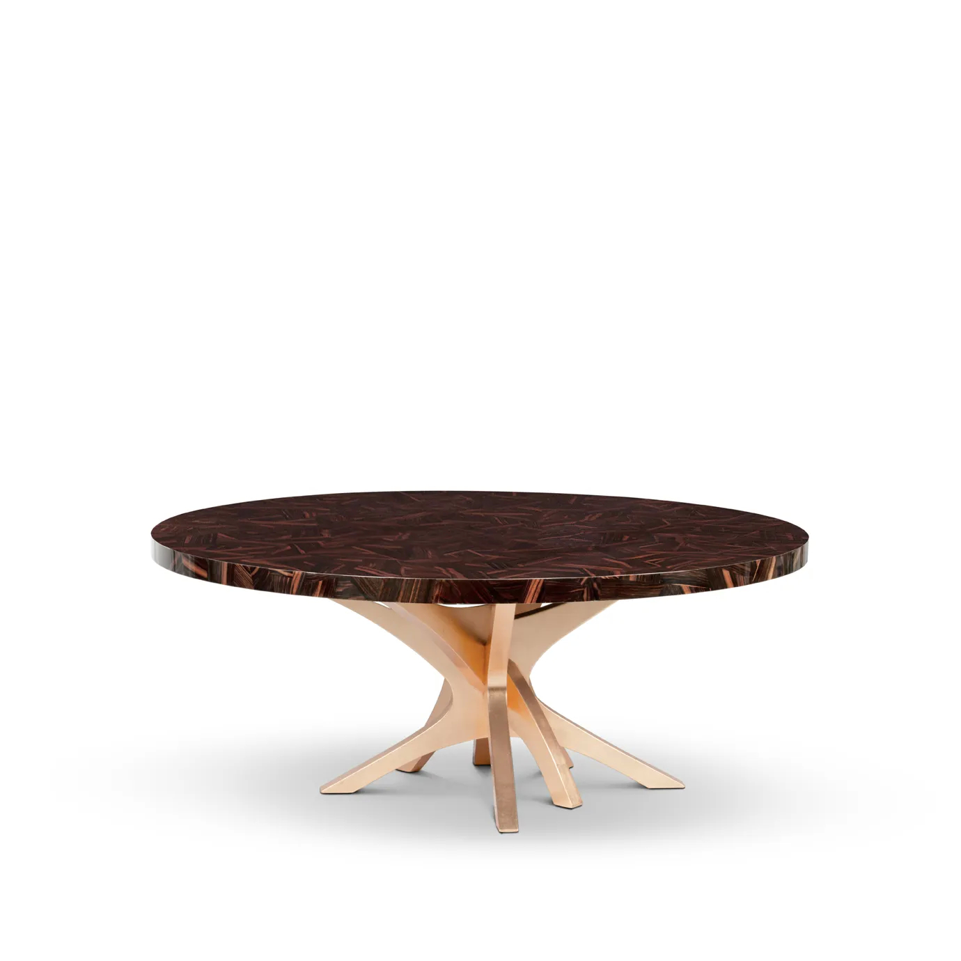 Patch Dining Table with geometric wood veneer top and sculptural oak base, finished in high gloss.