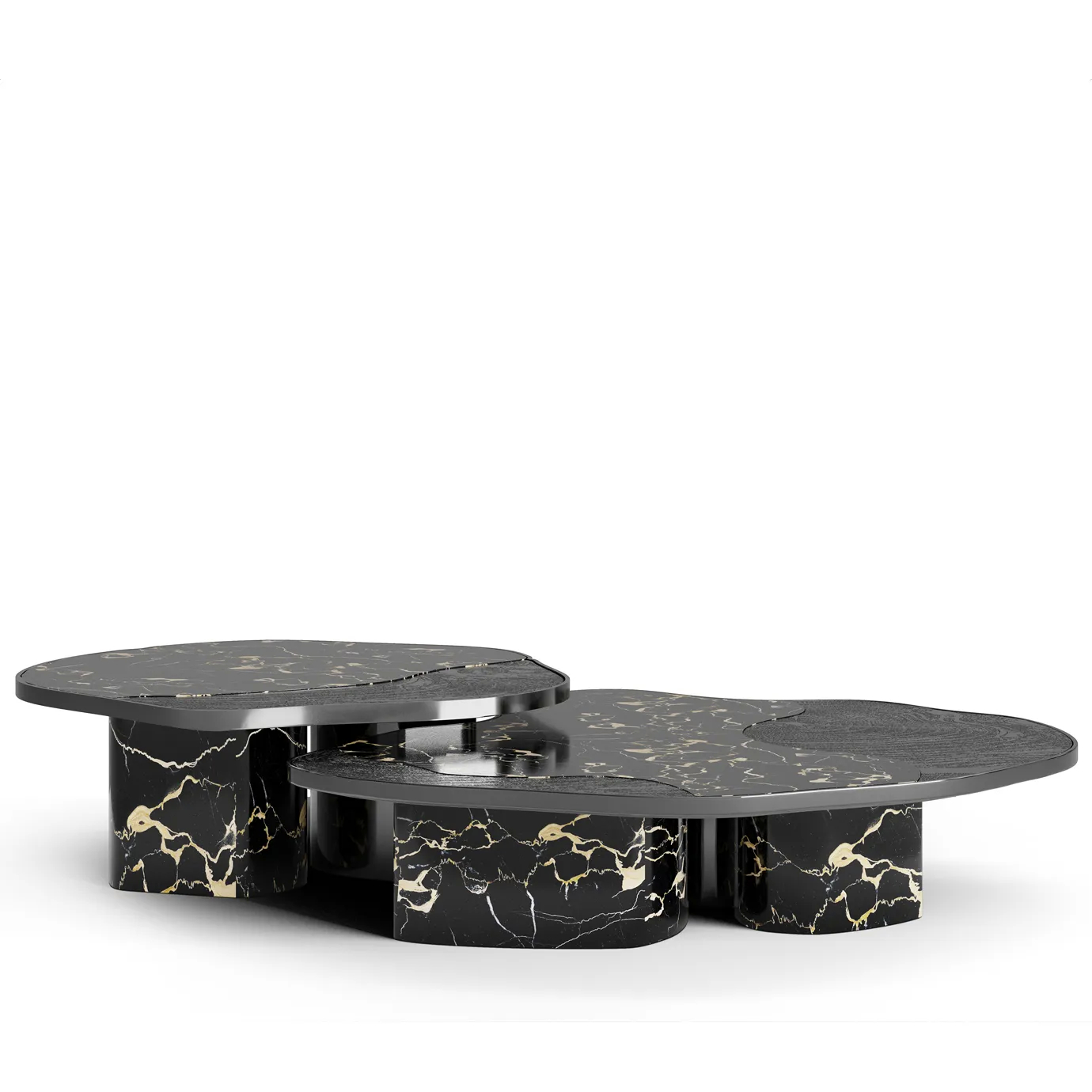 Ophelia center table featuring Portoro marble top with black accents and sculptural brass base.