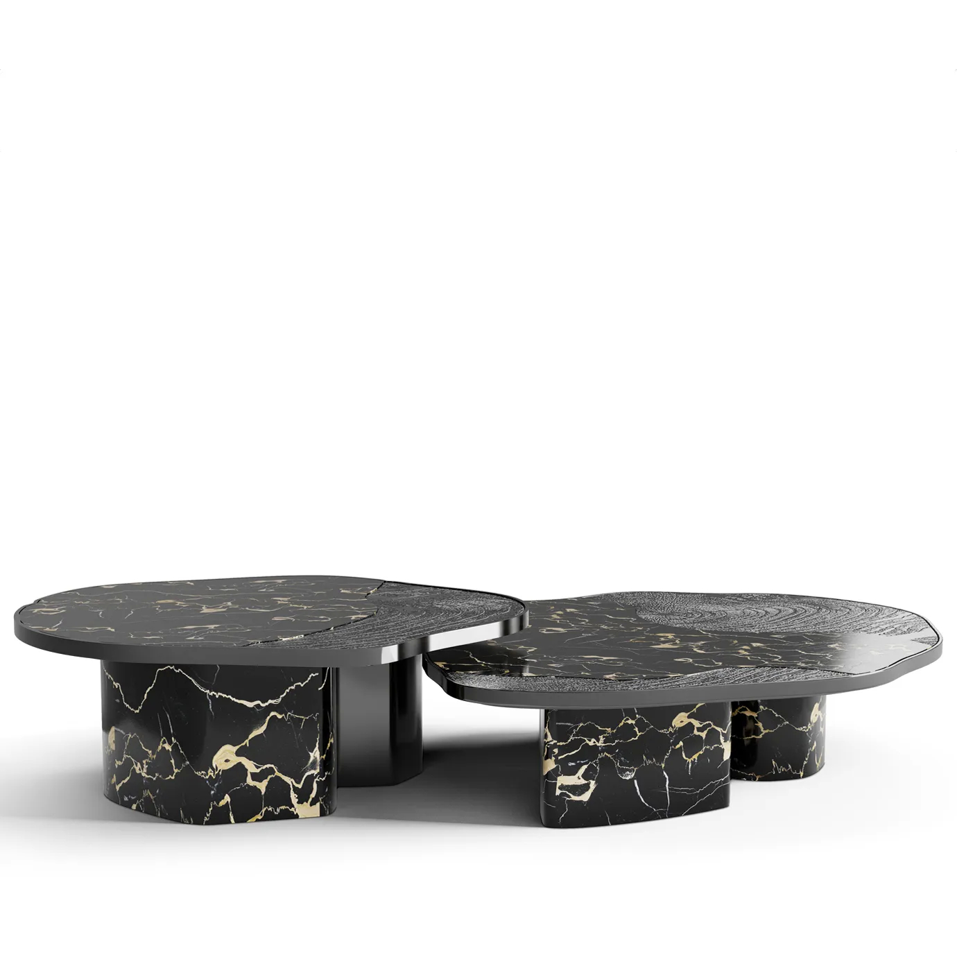 Ophelia center table with Portoro marble top and black lacquered base.