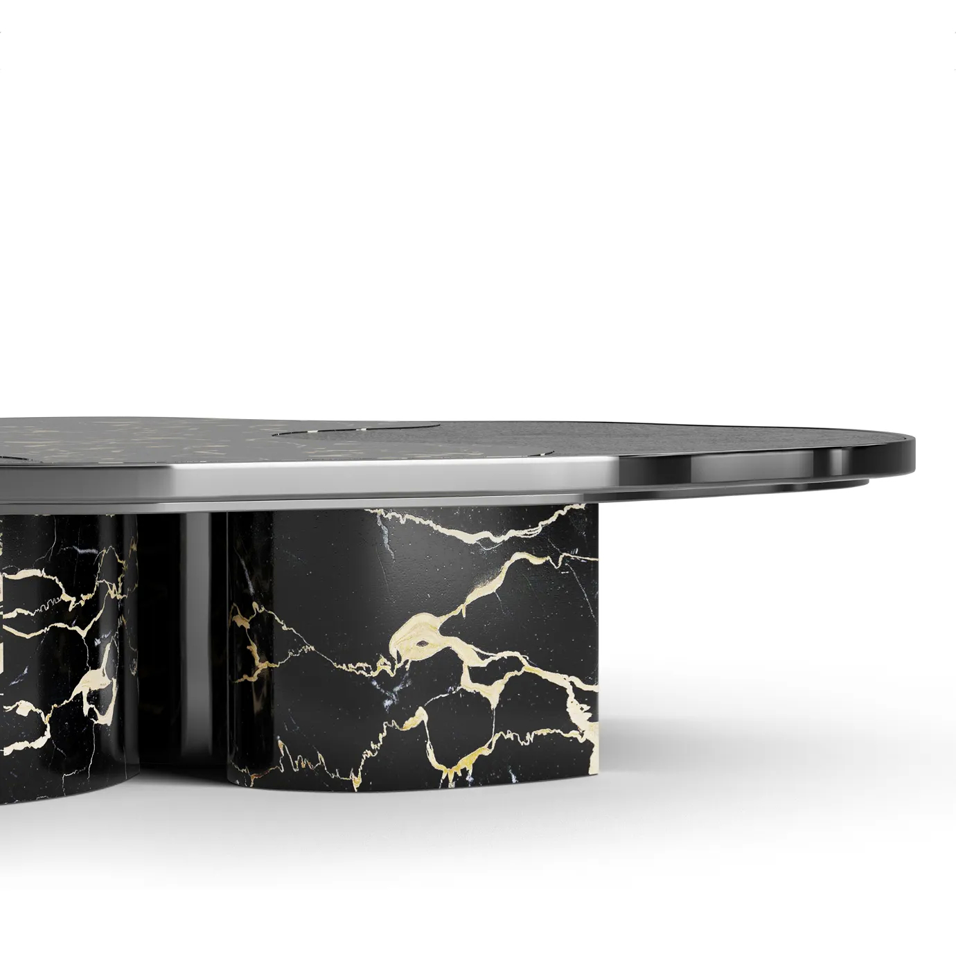 Ophelia center table with Portoro marble top and black lacquered base.
