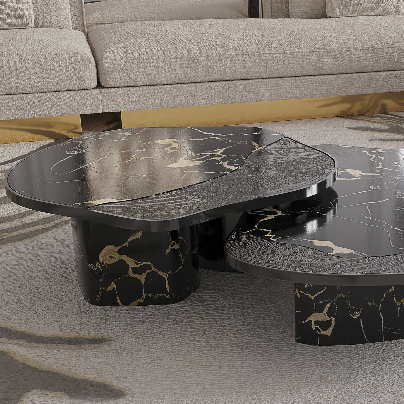 Ophelia center table featuring Portoro marble top with black accents and sculptural brass base.