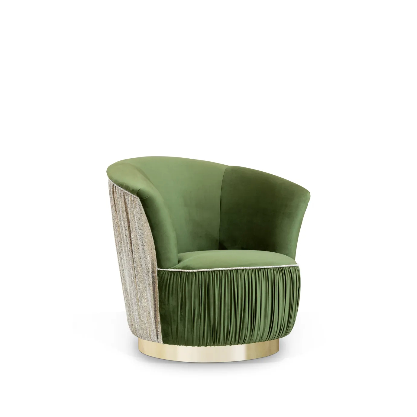 Elegant Countess Chair with golden metal base, green velvet upholstery, and textured side detail.
