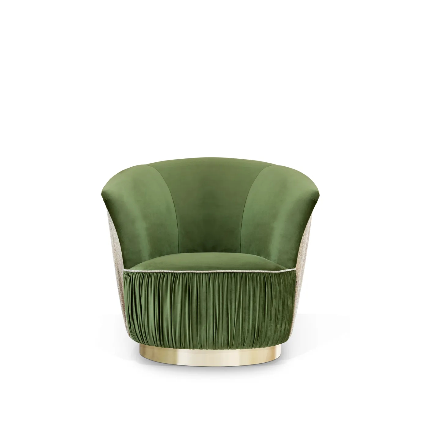 Elegant Countess Chair with golden base, green velvet upholstery, and textured side detail.