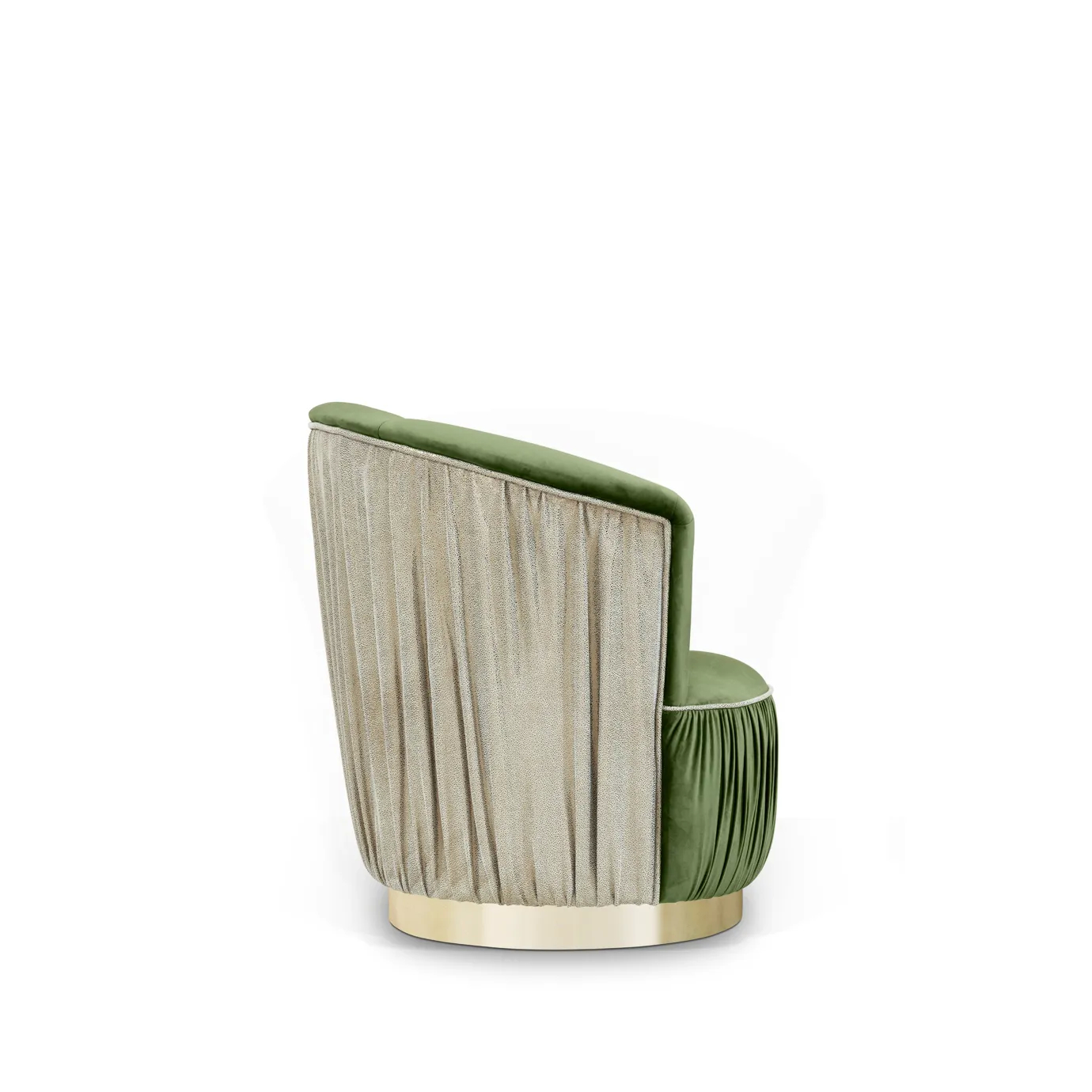 Elegant Countess Chair with golden base, green velvet upholstery, and textured side detail in neutral tones.