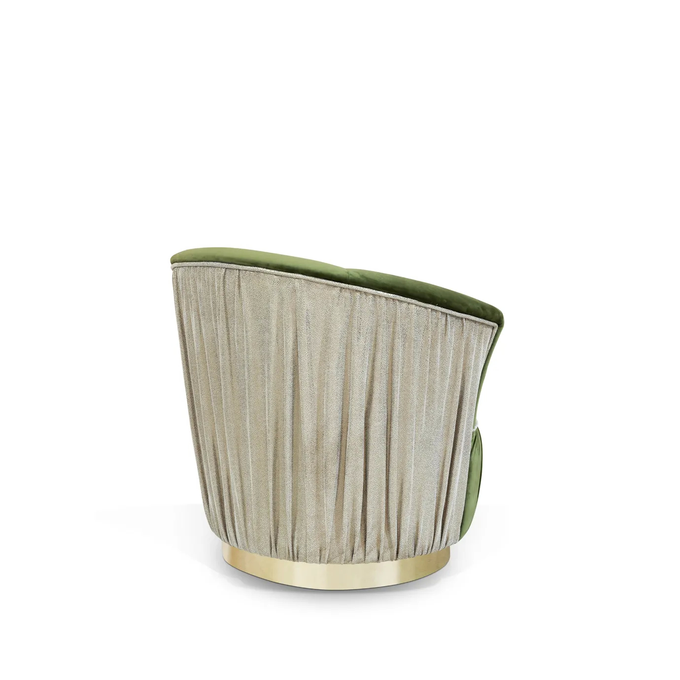Elegant Countess Chair with golden base, green velvet upholstery, and textured side detail in neutral tones.