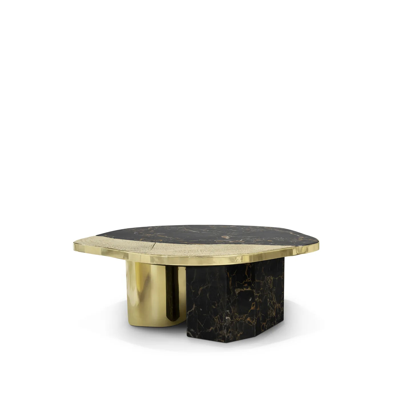Ophelia center table featuring Portoro marble top and gold-plated brass base.