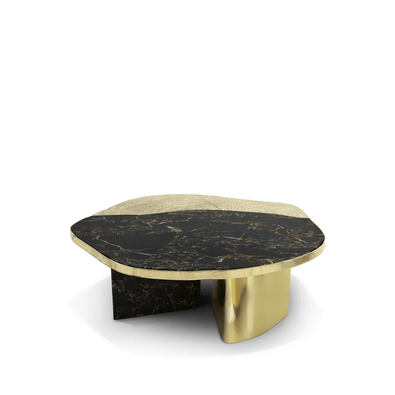 Ophelia center table with Portoro marble top and gold-plated brass base.