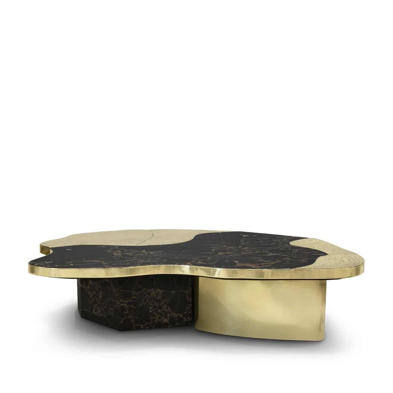 Ophelia center table with Portoro marble top and gold-plated brass base.