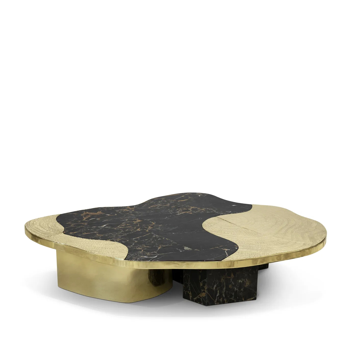 Ophelia center table with Portoro marble top and gold-plated brass base.