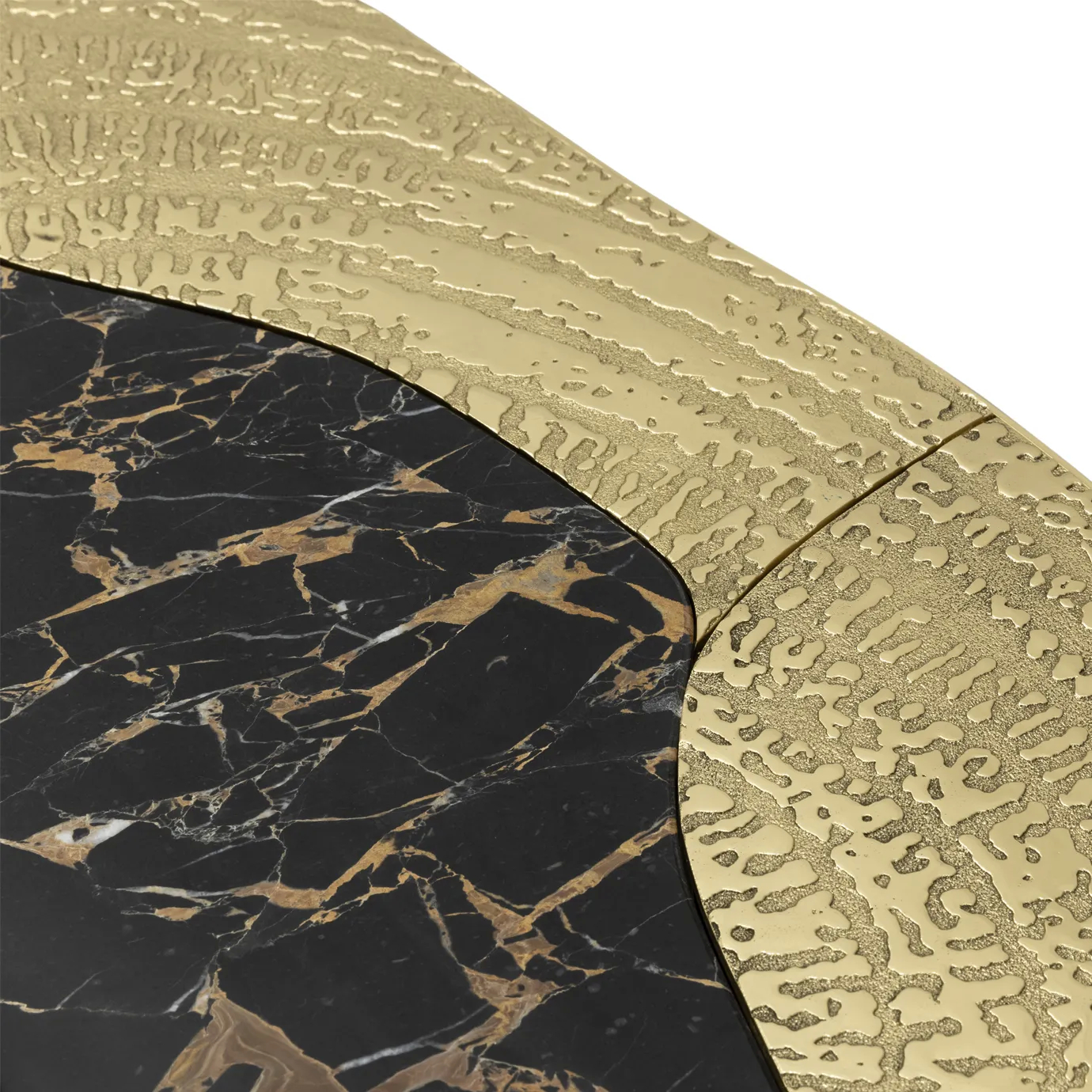 Ophelia center table with Portoro marble top and gold-plated brass base.