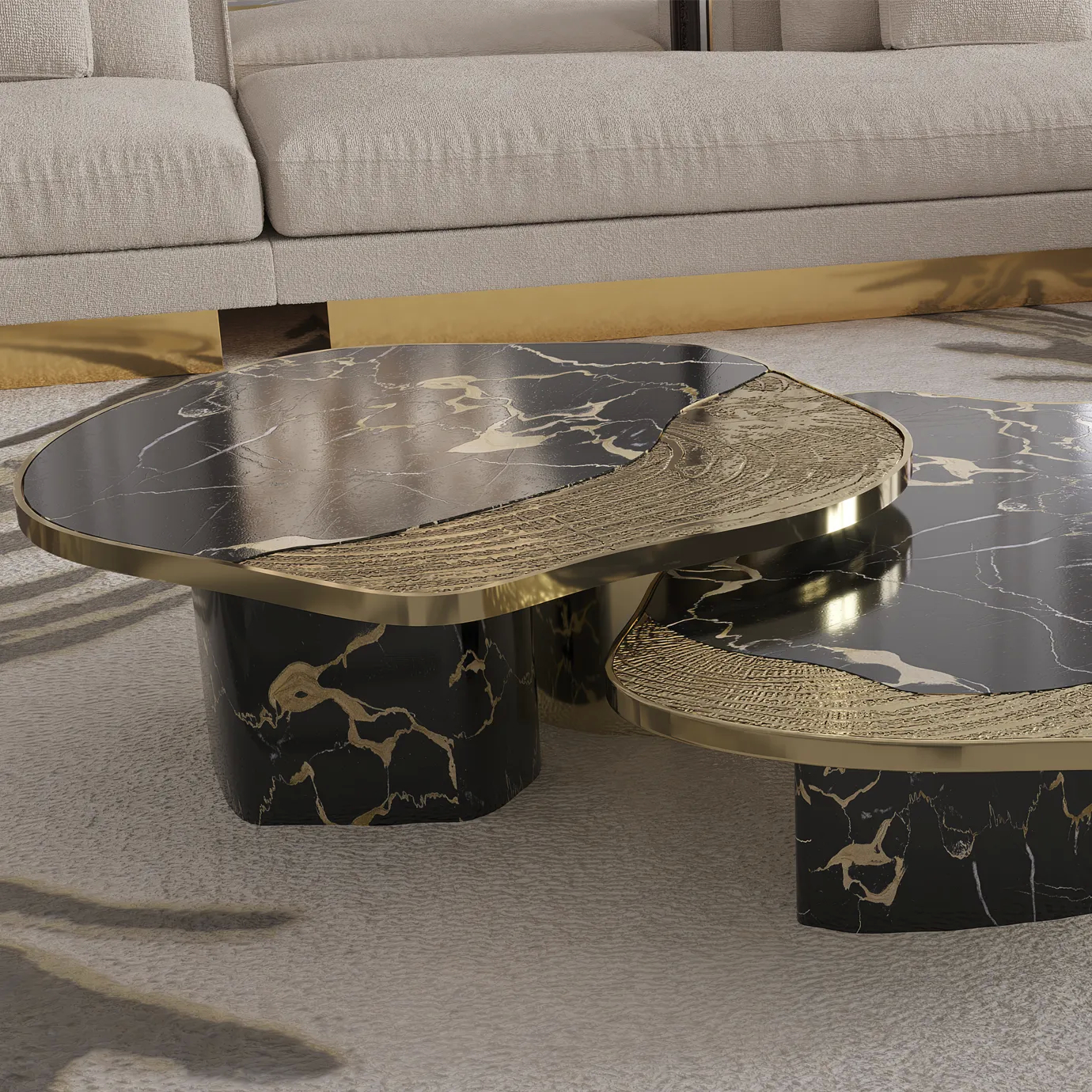 Ophelia center table with Portoro marble top and gold-plated brass base.