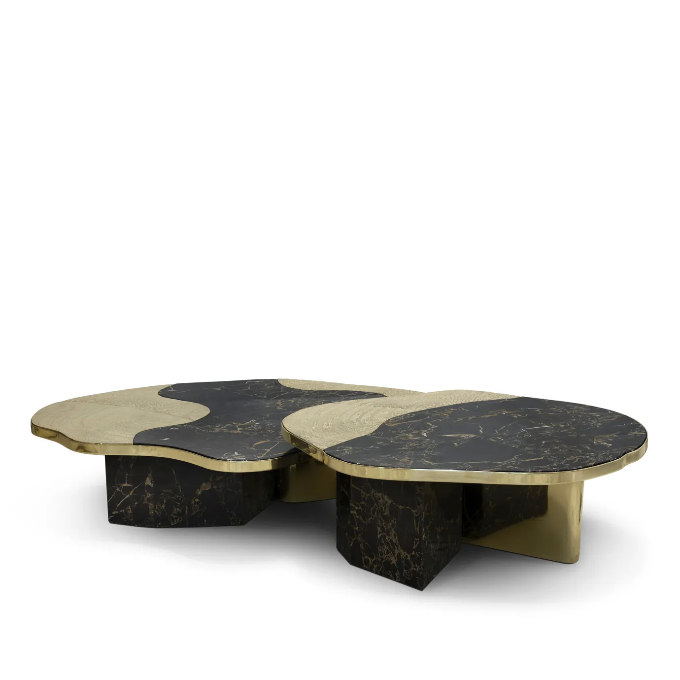 Ophelia center table with Portoro marble top and gold-plated brass base.