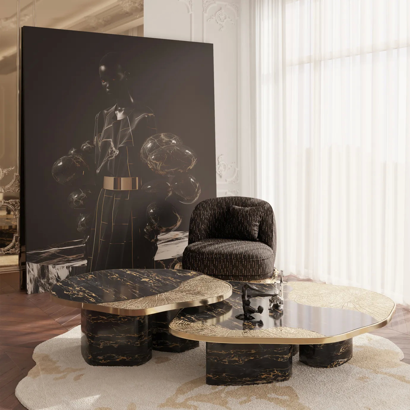 Ophelia center table with Portoro marble top and gold-plated brass base.