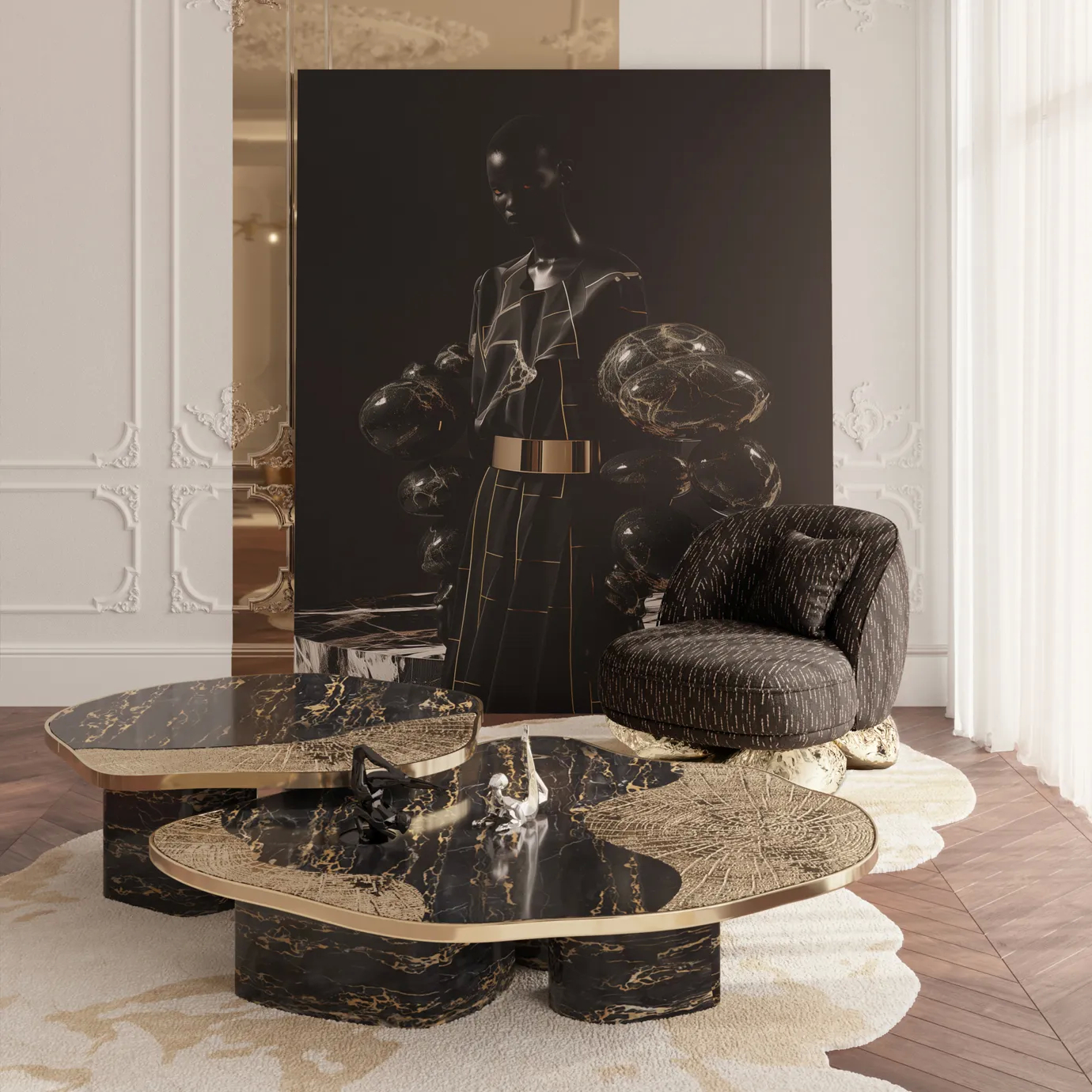Ophelia center table featuring Portoro marble top and gold-plated brass base.