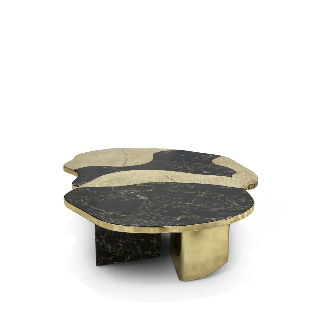 Ophelia center table with Portoro marble top and gold-plated brass base.