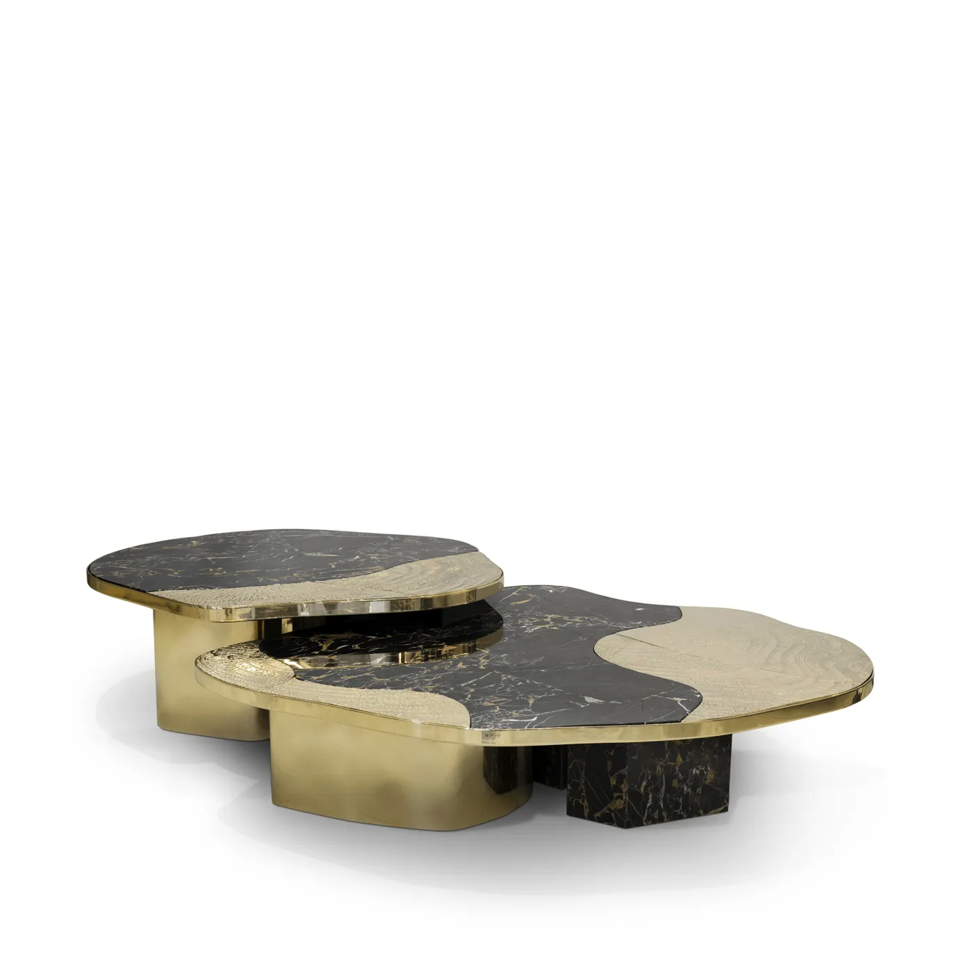 Ophelia center table with Portoro marble top and gold-plated brass base.