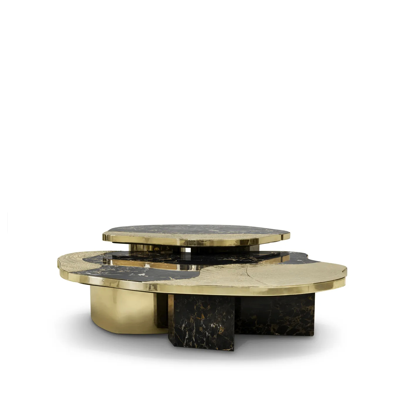 Ophelia center table with Portoro marble top and gold-plated brass base.