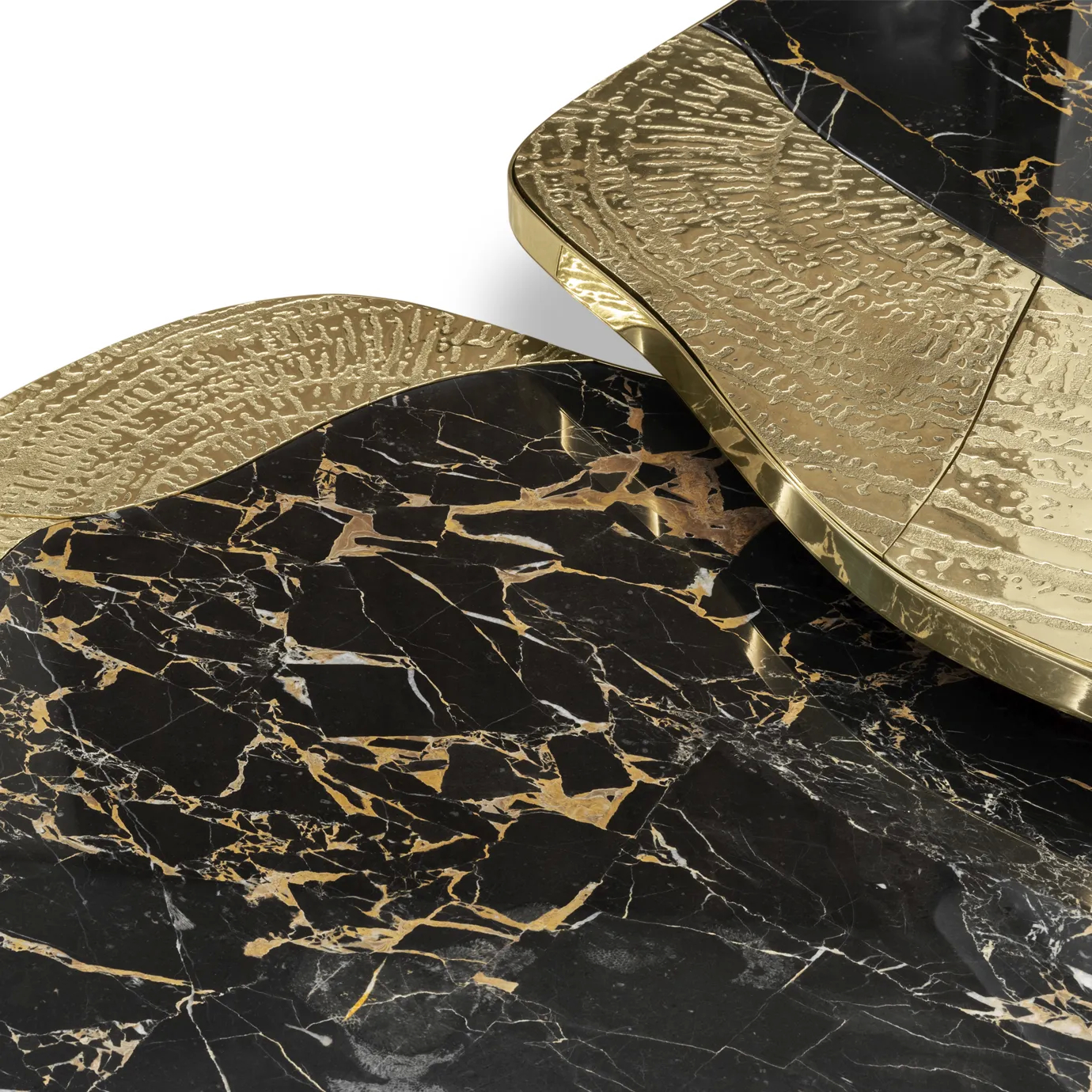 Ophelia center table with Portoro marble top and gold-plated brass base.