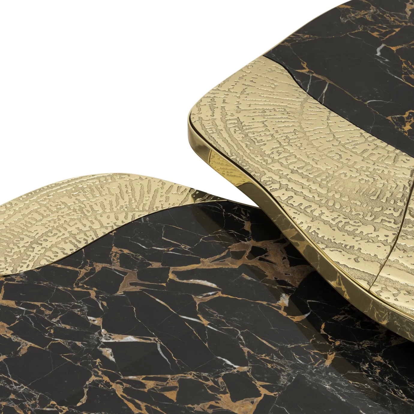 Ophelia center table with Portoro marble top and gold-plated brass base.