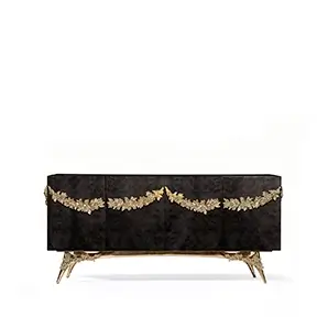 Majestic sideboard with black walnut root veneer, gold garland, and sculptural brass base.