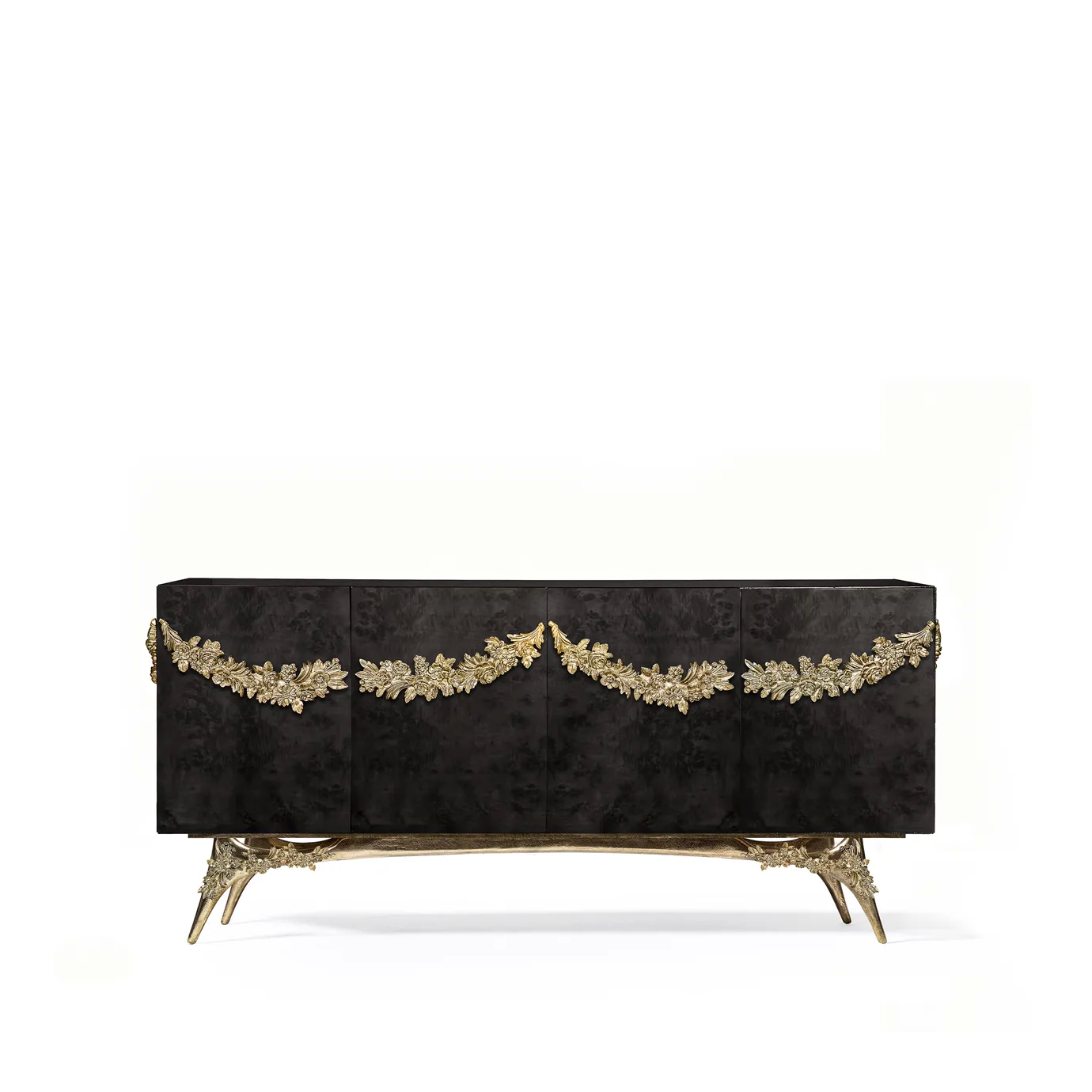 Majestic sideboard with black walnut root veneer, gold garland, and sculptural brass base.