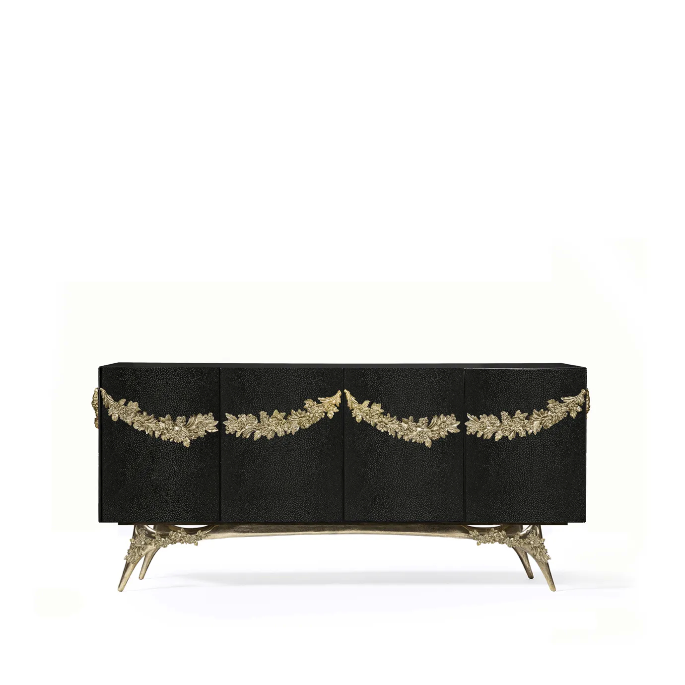 Majestic sideboard with black leather doors, gold garland accents, and a sculptural brass base.