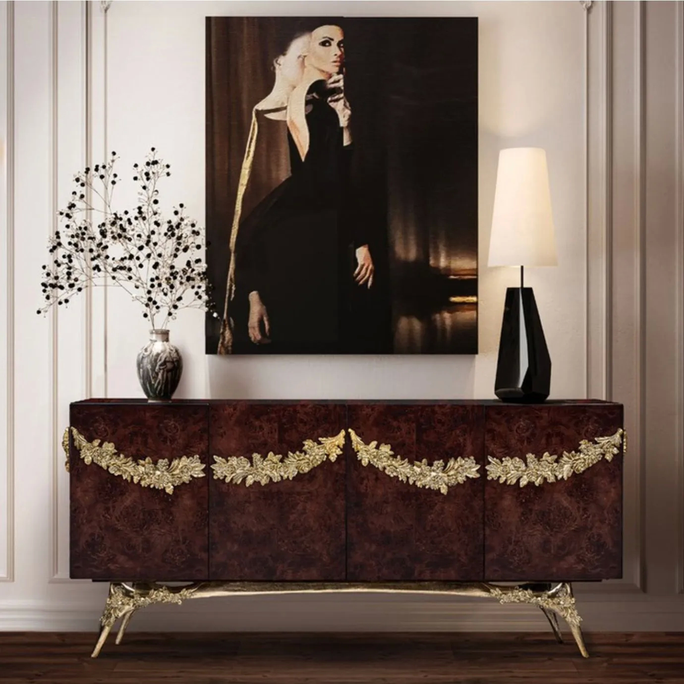 Majestic walnut root veneer sideboard with gold leaf detailing, sculptural brass accents and elegant legs, styled in a refined luxury interior by KOKET.