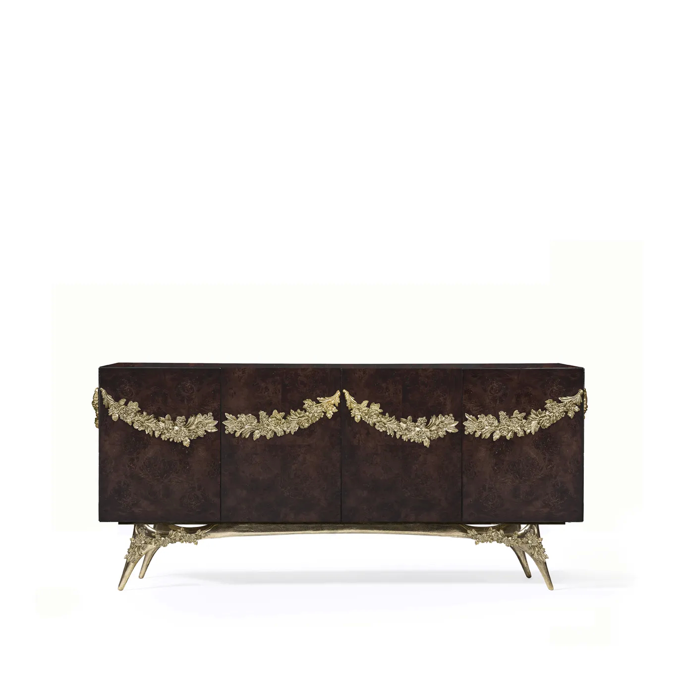 Majestic sideboard with walnut root veneer and elegant gold detailing.