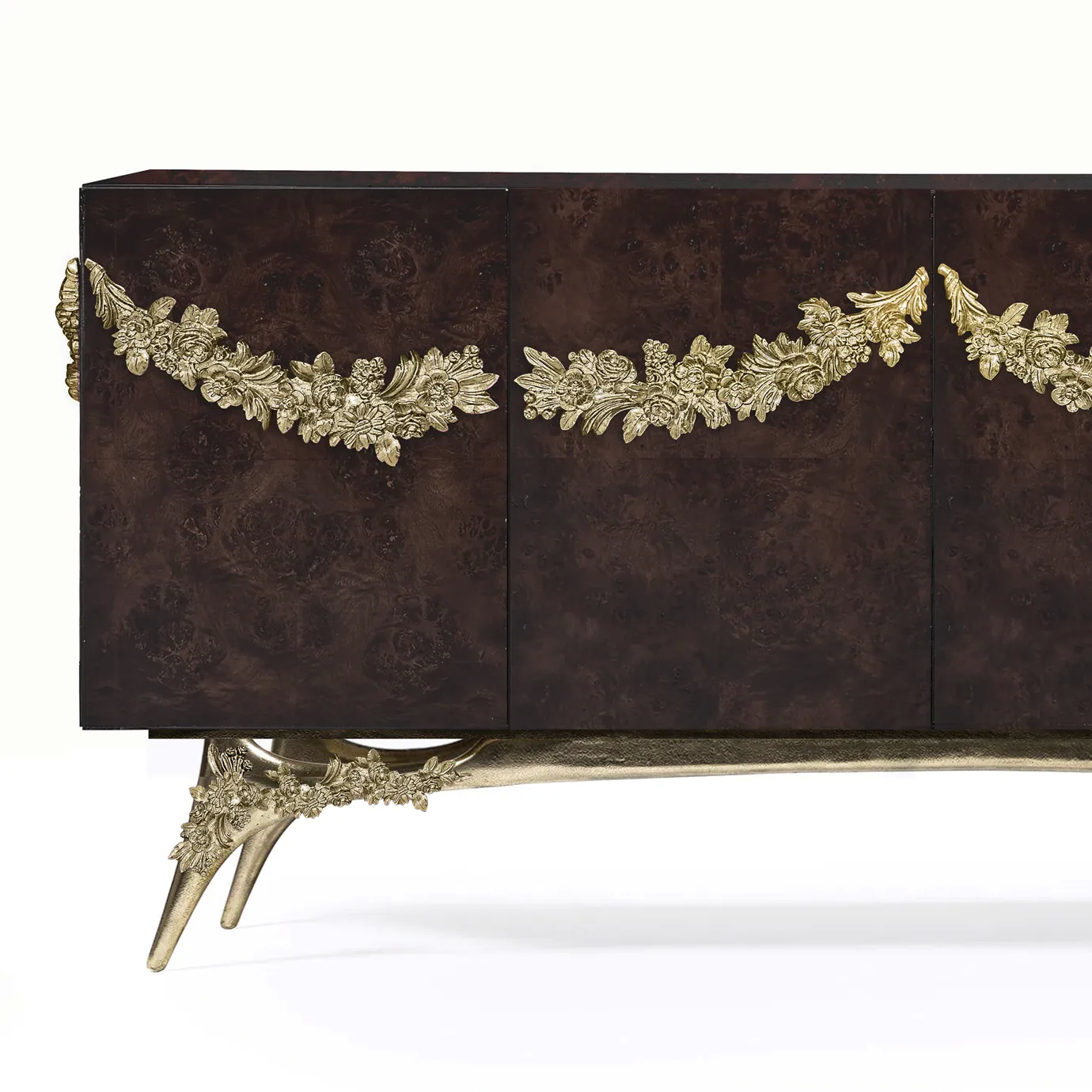Majestic sideboard with walnut root veneer, gold metal garland, and curved brass base.