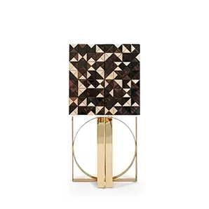 Pixel Walnut Cabinet with geometric pattern and gold base.