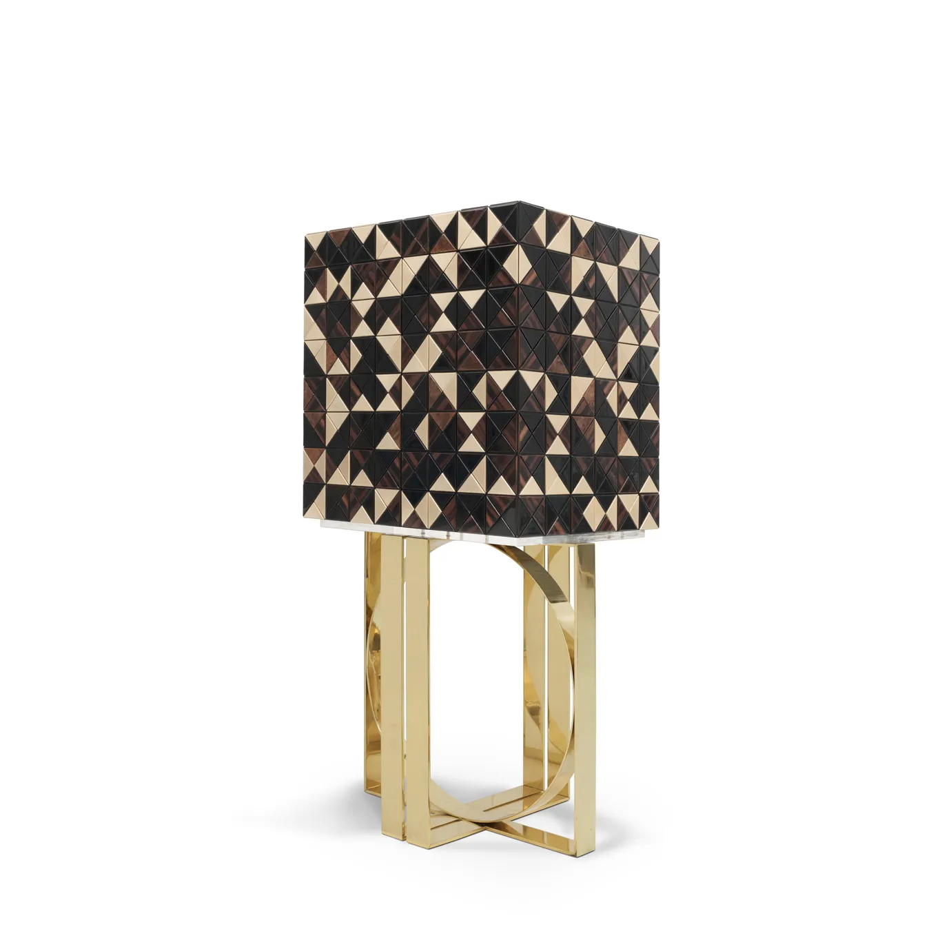 Pixel Walnut Cabinet featuring a geometric pattern and sleek gold base.