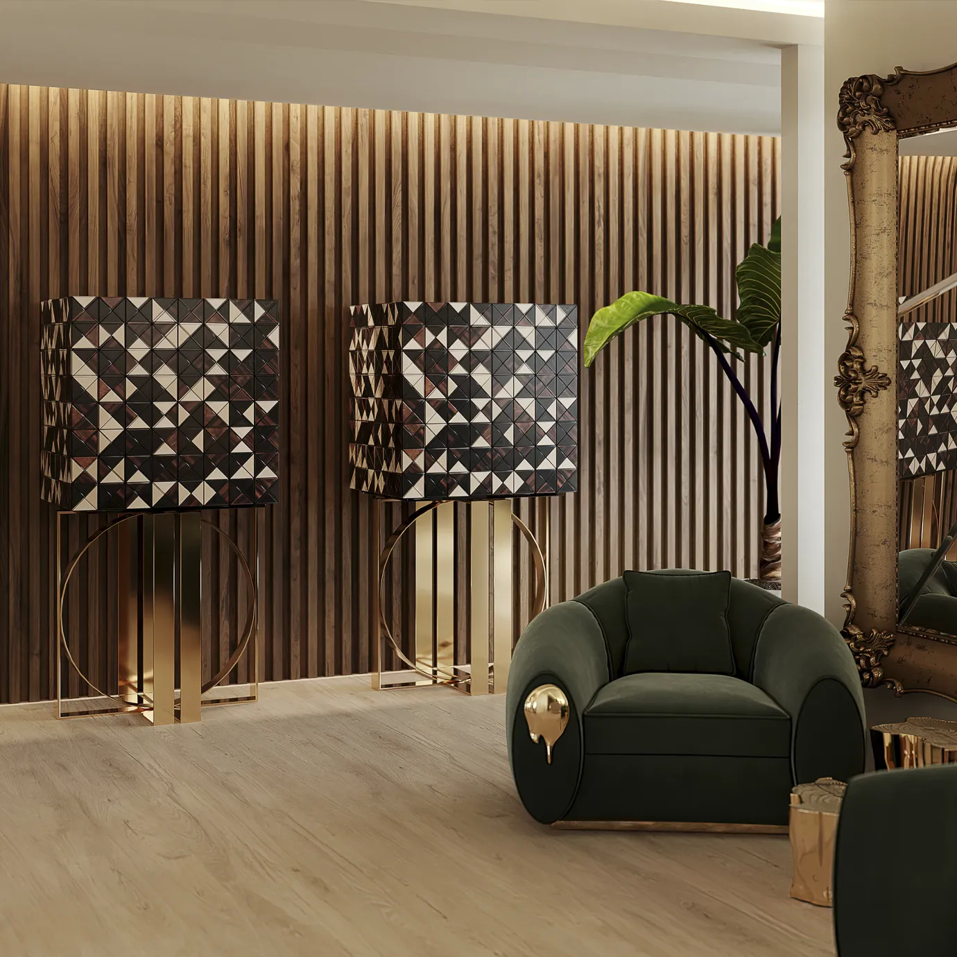 Pixel Walnut Cabinet in a modern room, featuring geometric pattern and gold base, complementing stylish decor.