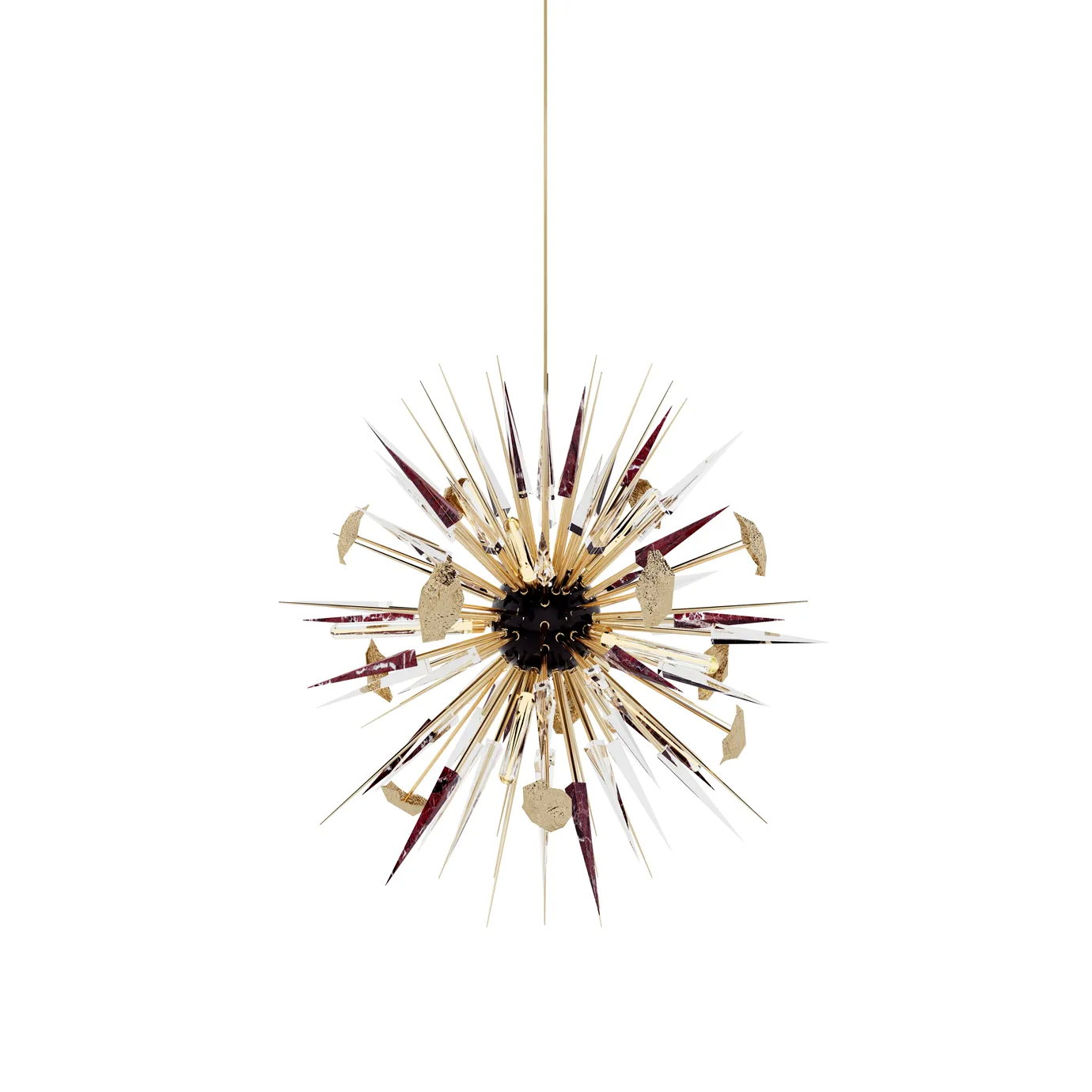Outburst Chandelier by Boca do Lobo, featuring an explosion-inspired design with sharp gold-plated brass rays radiating from a central black core.