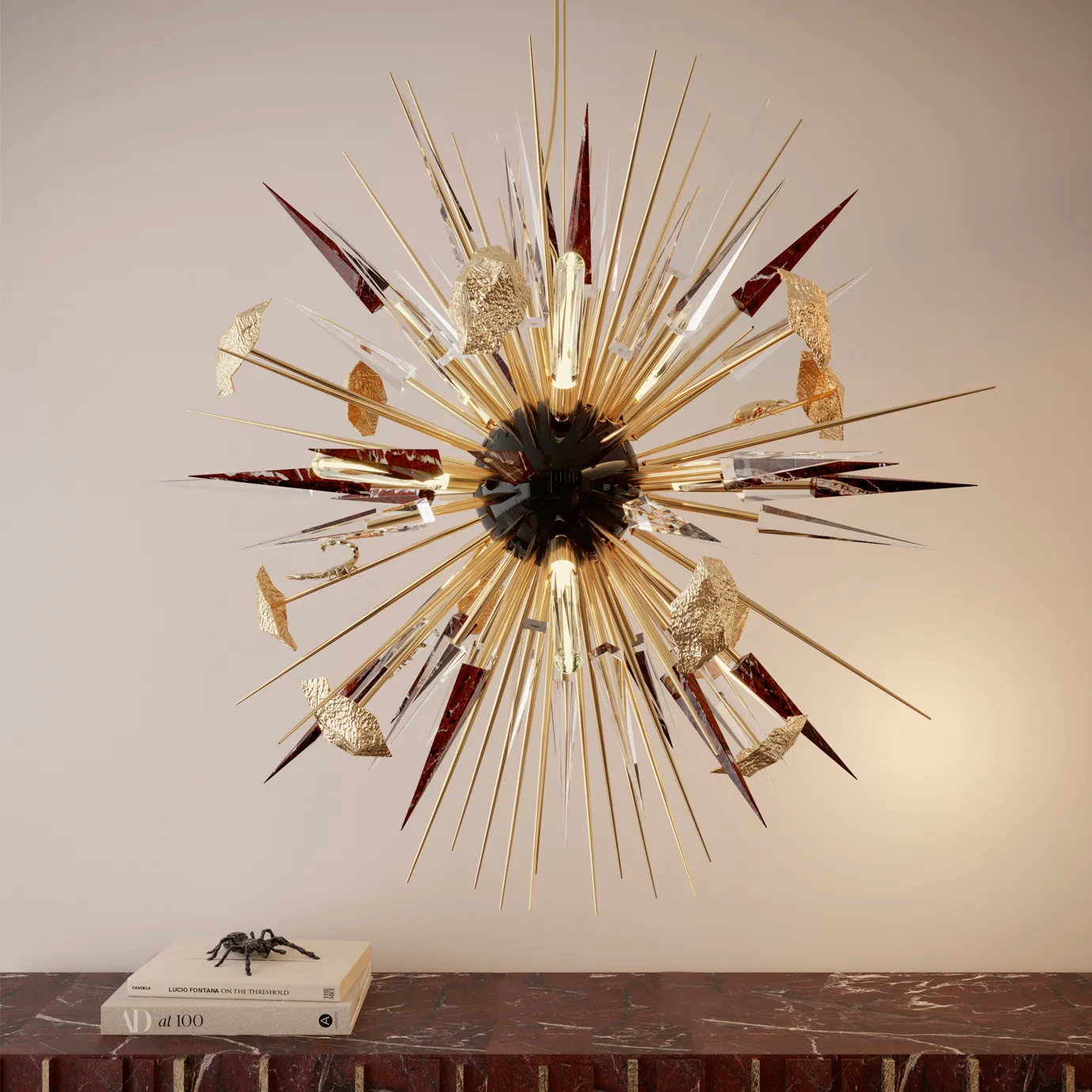 Side view of the Outburst Chandelier by Boca do Lobo, showing the dynamic arrangement of gold-plated brass spikes extending from a glossy black center.