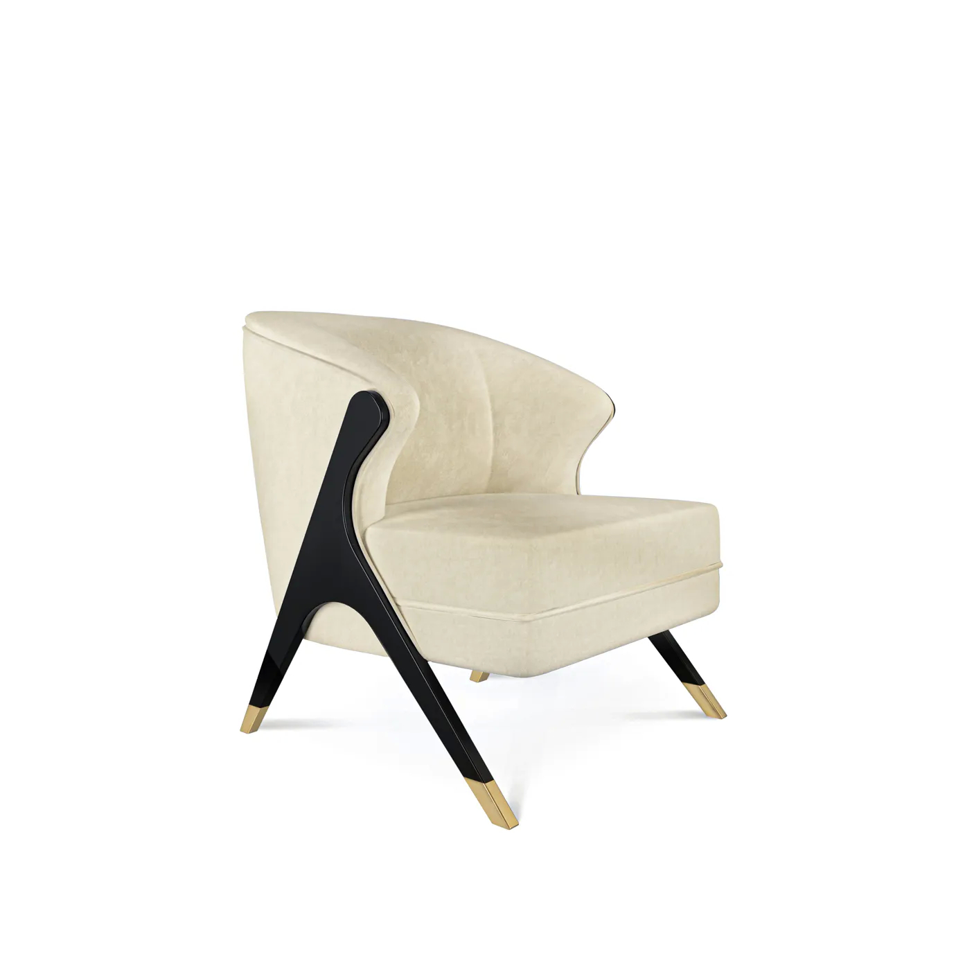 Naomi Chair by KOKET featuring a curved upholstered seat in light beige, framed by angular black lacquered legs with gold metal tips