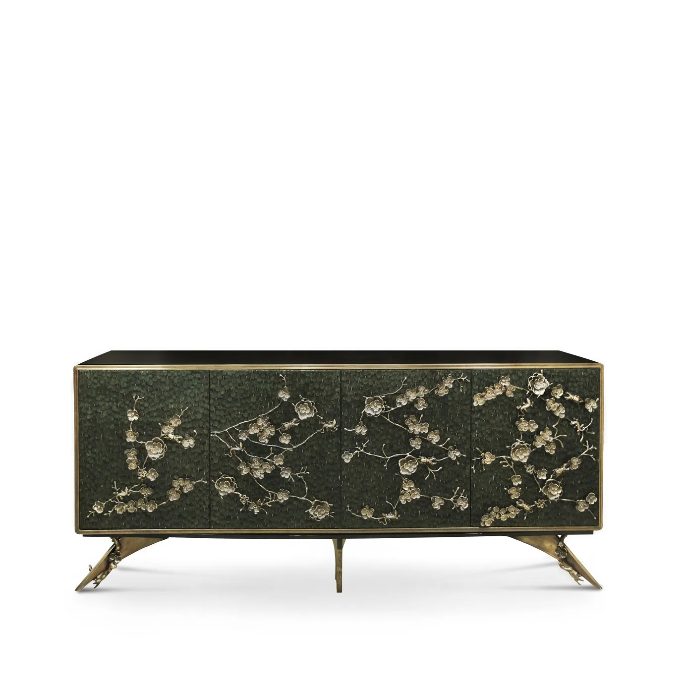 The Spellbound Peacock Feather Cabinet’s structure is adorned with greenish peacock feathers ornamented with elegant golden flower-shaped details on its four front doors.