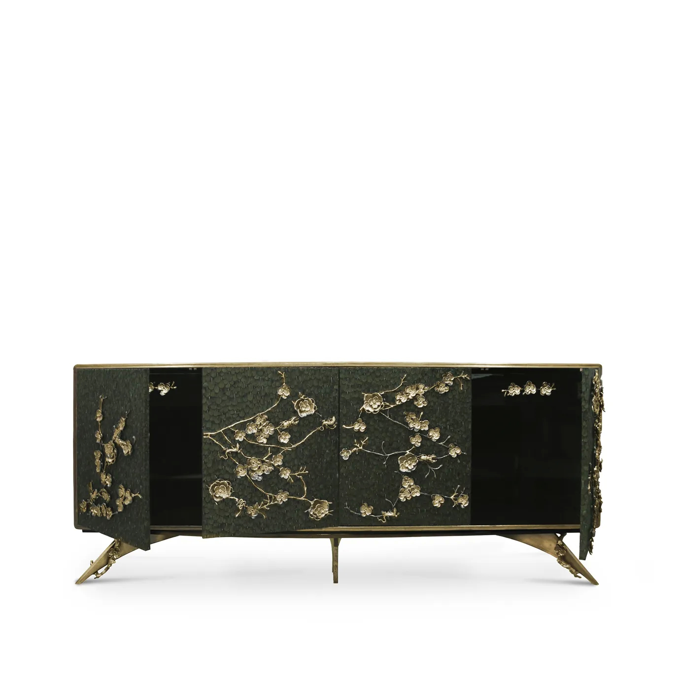The Spellbound Peacock Feather Cabinet features a structure adorned in luxurious greenish peacock feathers, a golden frame and golden flower-shaped details on its four doors.