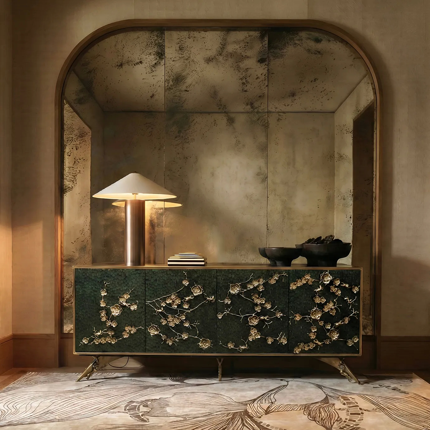 Spellbound Peacock Feather cabinet with Flora Grey rug in a KOKET interior.