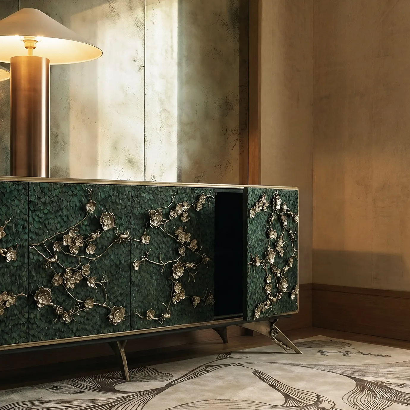 Spellbound Peacock Feather cabinet detail with Flora Grey rug in a KOKET interior.