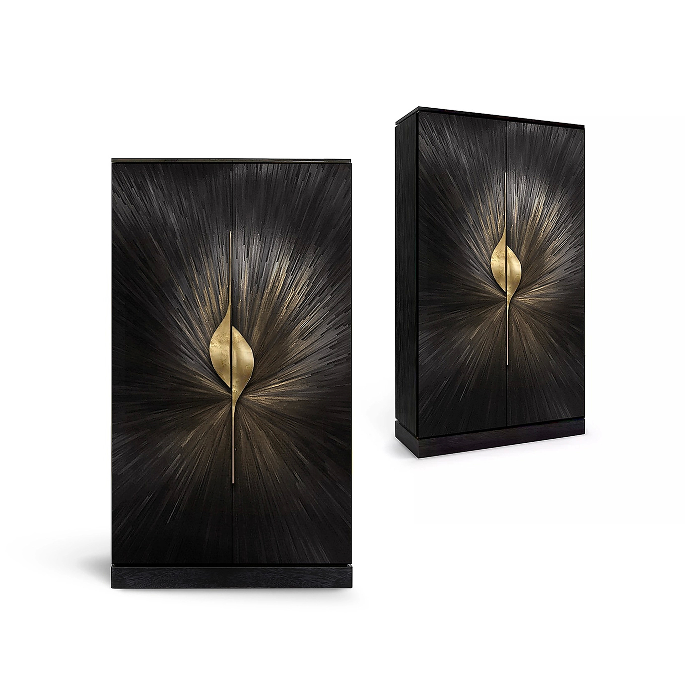 Two black and gold armoire featuring a gold leaf design and radiant straw marquetry in a sunburst pattern on the doors.