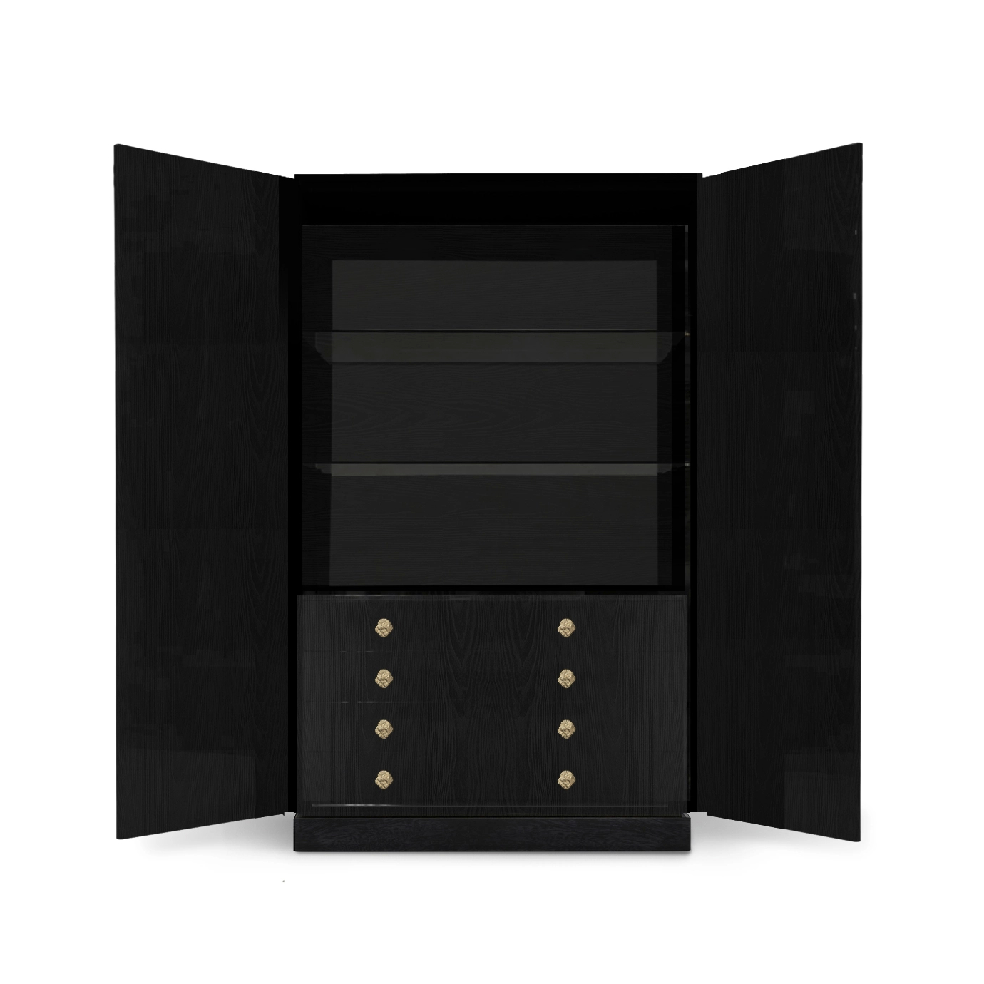 lack armoire with two open doors, showcasing shelves and drawers with stylish brass handles.