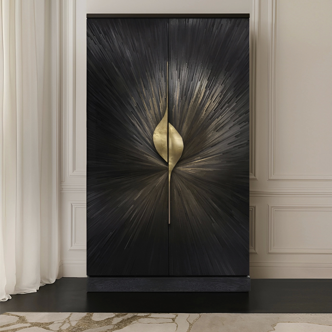 Elegant black cabinet with two doors and drawers, showcasing straw marquetry and sculptural brass pulls.