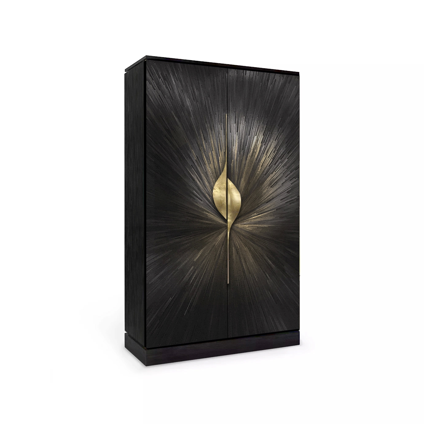Elegant black and gold armoire with a striking sunburst pattern and brass pulls, showcasing exceptional craftsmanship.