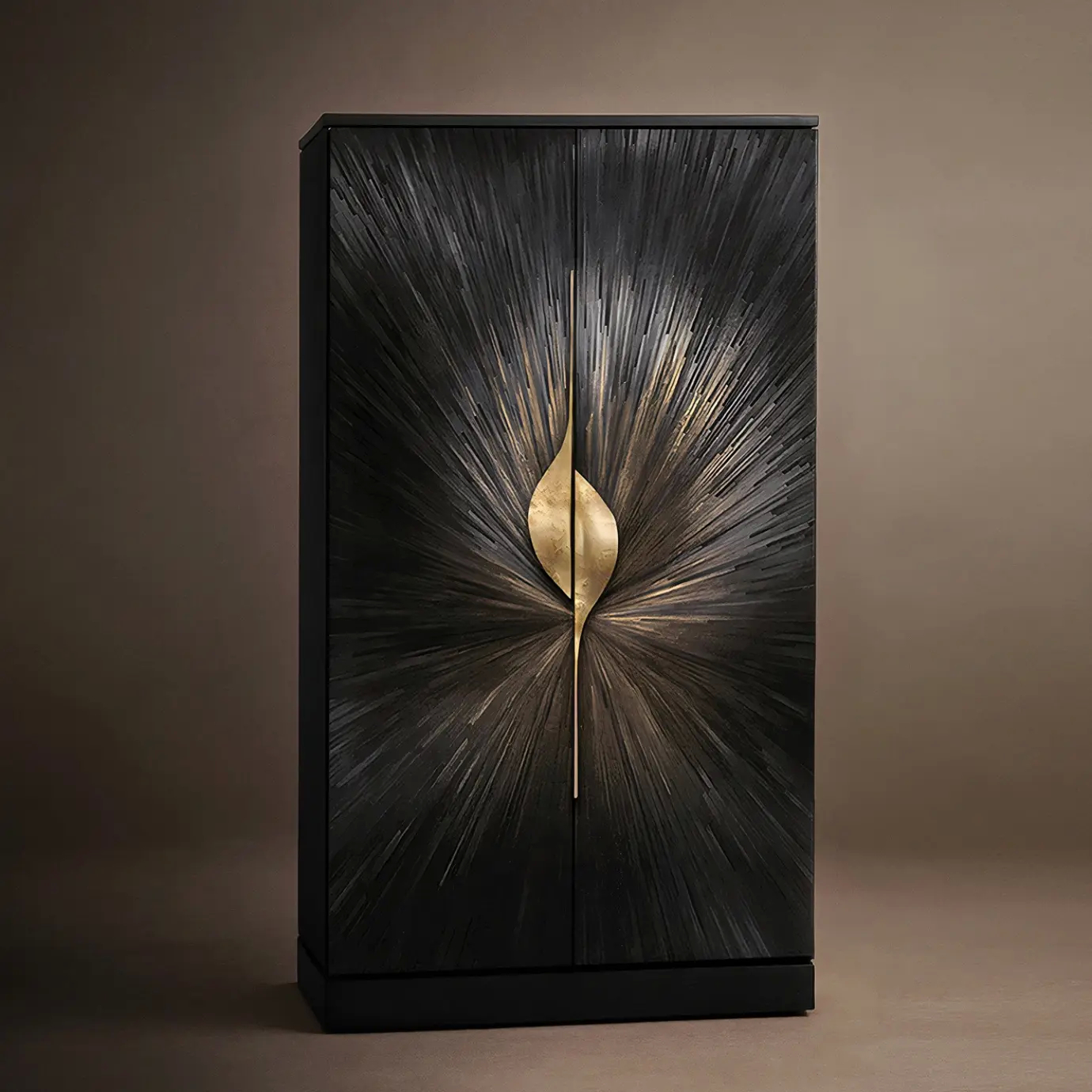 Black armoire with two doors and drawers, adorned with sunburst straw marquetry and stylish brass handles.