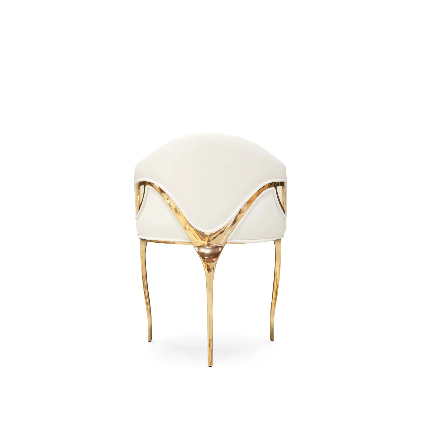 Rear view of the Chandra Dining Chair in white by KOKET, showing the open back design and sleek brass legs for a glamorous, contemporary look.