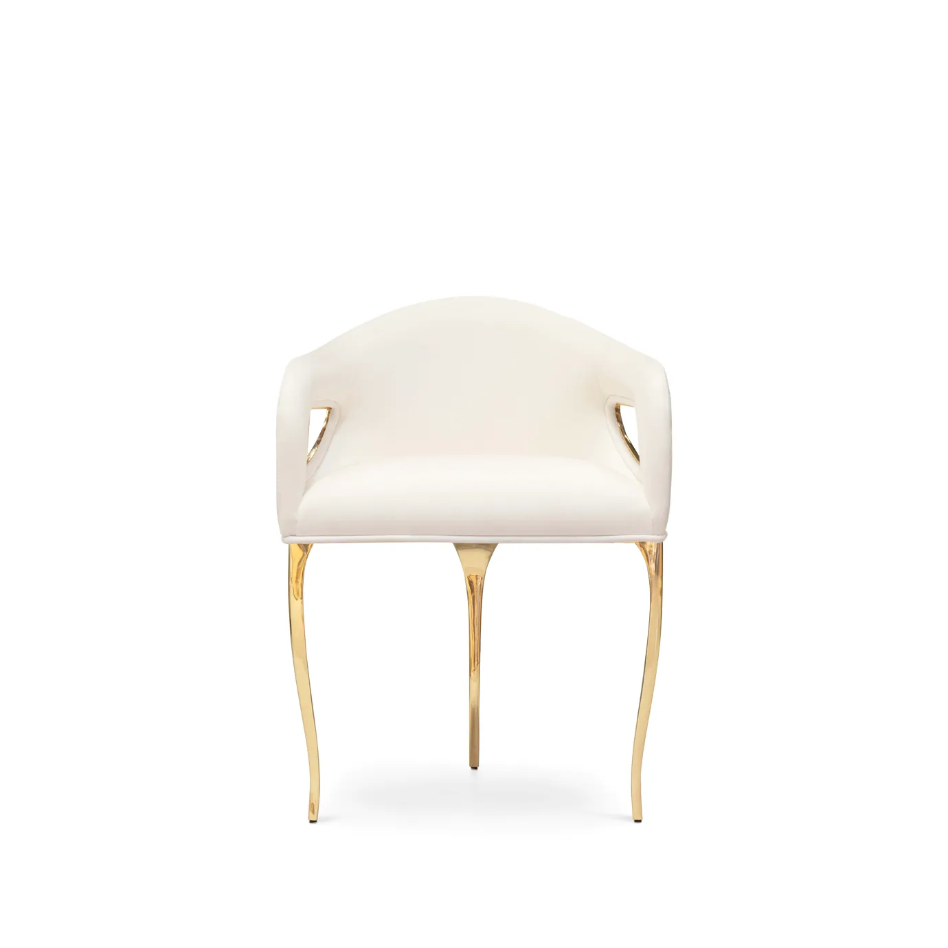 Front-facing view of the Chandra Dining Chair in white by KOKET, highlighting its smooth curved lines, plush upholstery, and metallic gold base.
