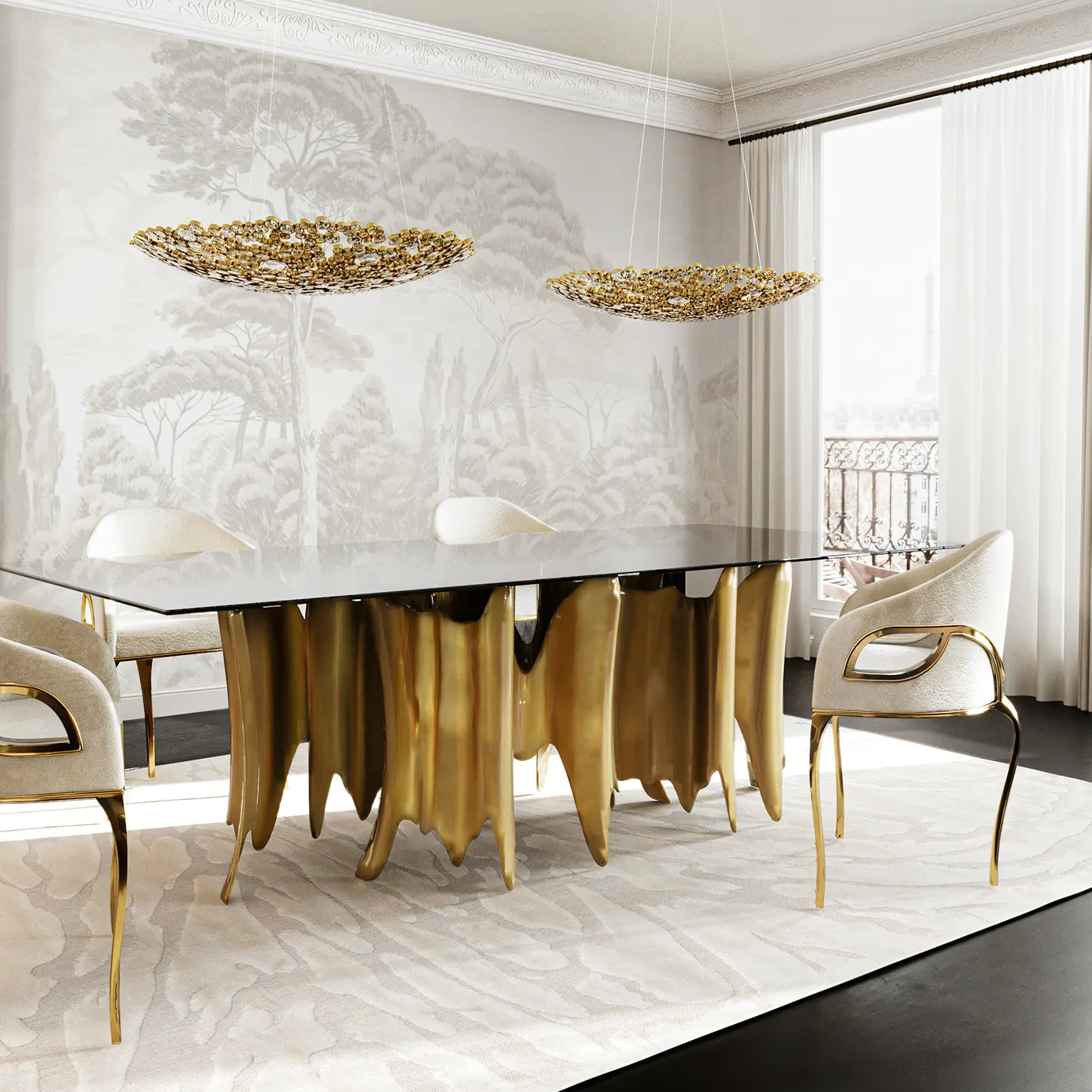 The Chandra Dining Chair in cream by KOKET, displayed in a luxurious dining room, highlighting its sophisticated design with a curved backrest and golden brass legs.