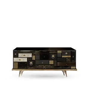 Mondrian Sideboard by Boca do Lobo, showcasing a striking geometric design with bold black, white, and gold accents, and a luxurious polished wood finish.