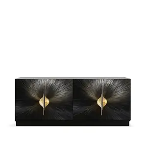 A luxurious Celine Straw Cabinet: a four-door sideboard with a black textured finish radiating from central gold pulls.