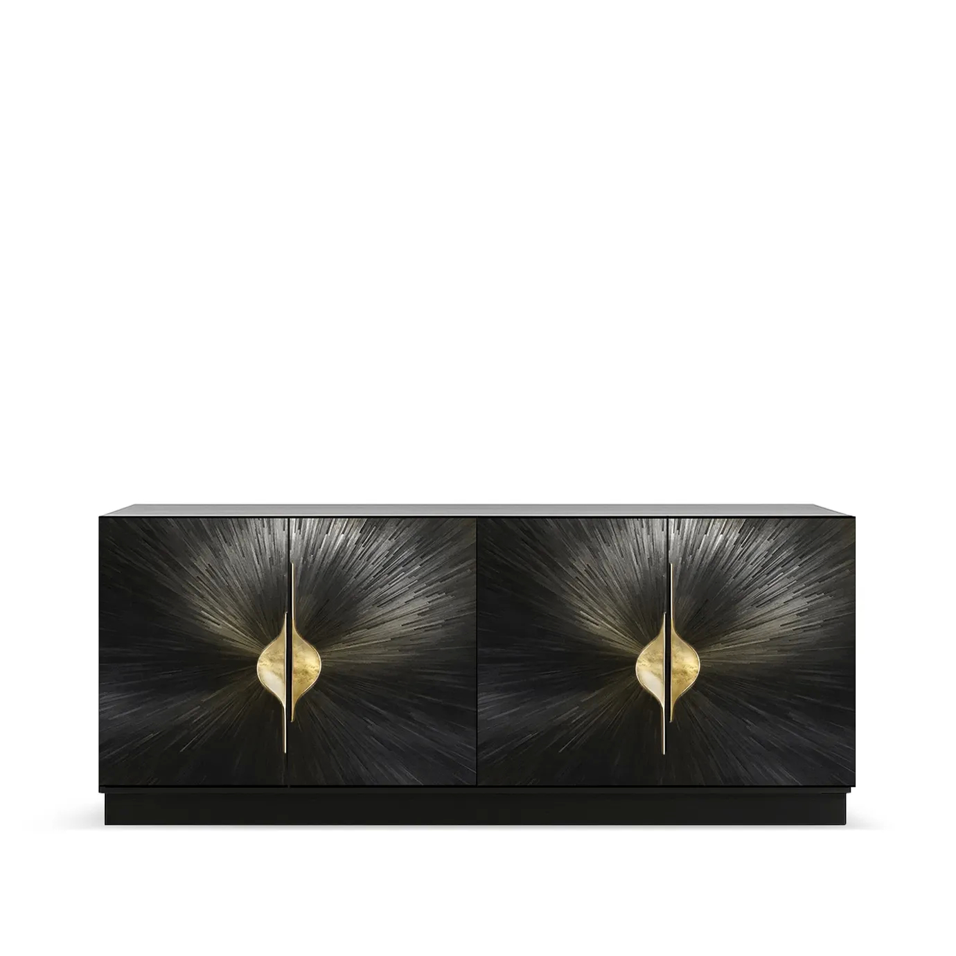 A luxurious Celine Straw Cabinet: a four-door sideboard with a black textured finish radiating from central gold pulls.